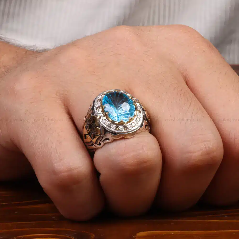 انگشتر توپاز آبی مردانه کد 27766