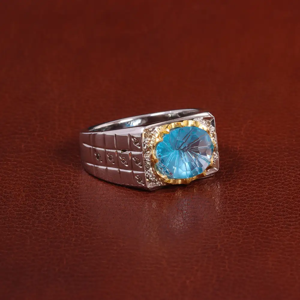 انگشتر توپاز آبی مردانه کد 29672