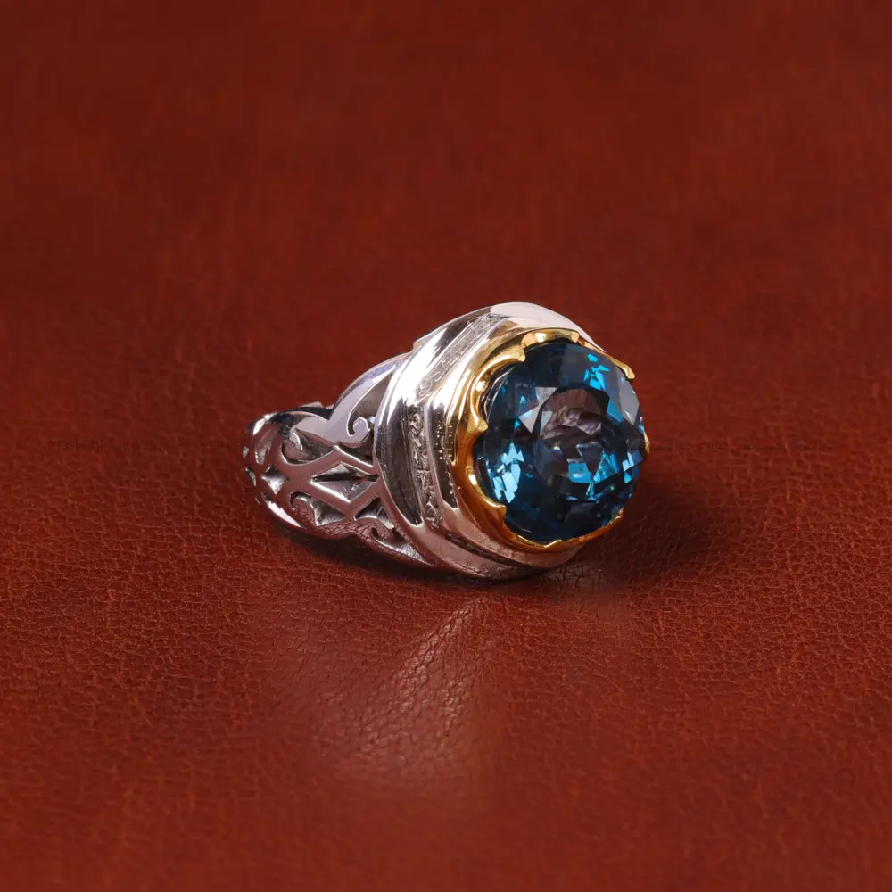 انگشتر توپاز آبی مردانه کد 32661